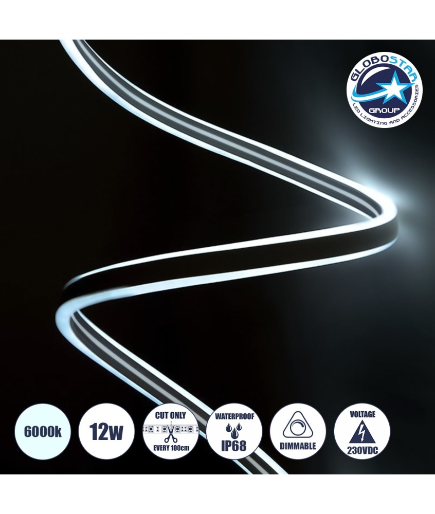 GLOBOSTAR® 70490 DOUBLESIDED 70490 Ταινία Neon Flex LED 12W-m 1080lm-m 240° DC 220-240V Αδιάβροχο IP65 120 x SMD2835 Chip-m Ψυχρό Λευκό 6000K Dimmable - Sanan SMD Chip - Μ100 x Π0.8 x Υ1.6cm - 3 Χρόνια Εγγύηση